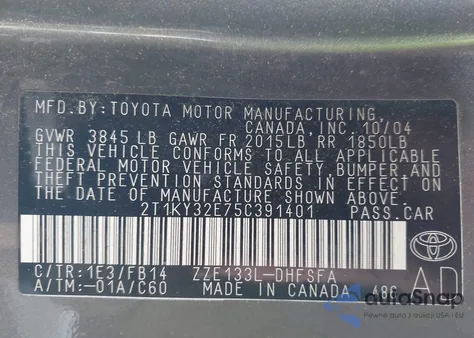 2005 Toyota Matrix Xrs from USA, damaged, VIN 2T1KY32E75C391401